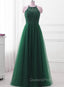 Dark Green Cross Back Tulle Halter Long Party Dress, A-line Junior Evening Prom Dress