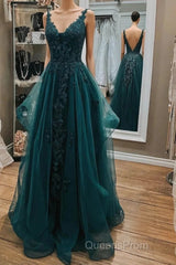 Dark Green Lace Beaded Long Evening Prom Dress, V Neck Backless Evening Dress