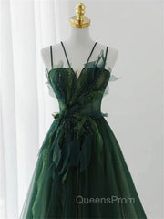Dark Green Long Beaded A-line Evening Dress Party Dress, Green Evening Prom Dress