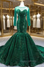 Dark Green Mermaid Sequins Long Sleeve Evening Prom Dress With Train