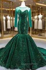 Dark Green Mermaid Sequins Long Sleeve Evening Prom Dress With Train