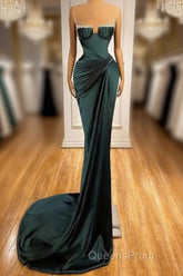 Dark Green Mermaid Spaghetti-Straps Satin Long Evening Prom Dress With Beadings