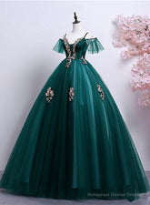 Dark Green Off Shoulder Tulle Party Dress with Lace, Green Formal Dress Prom Dress