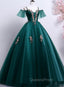 Dark Green Off Shoulder Tulle Party Dress with Lace, Green Evening Dress Evening Prom Dress