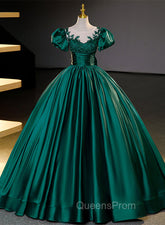 Dark Green Satin Ball Gown Sweet 16 Dress, Green Long Evening Dress Party Dress