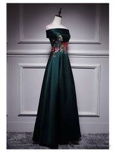 Dark Green Satin Off Shoulder Floor Length Satin Party Dress, Green Prom Dress Formal Dress
