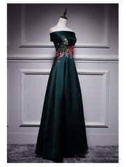 Dark Green Satin Off Shoulder Floor Length Satin Party Dress, Green Prom Dress Formal Dress