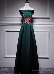 Dark Green Satin Off Shoulder Floor Length Satin Party Dress, Green Prom Dress Formal Dress