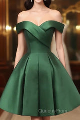 Dark Green Satin Off Shoulder Knee Length Party Dress, Green Homecoming Dress Evening Prom Dress