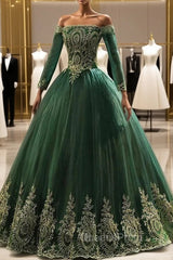 Dark Green Sleeves with Gold Lace Sweet 16 Dress, Dark Green Long Evening Dress