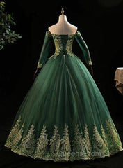 Dark Green Sleeves with Gold Lace Sweet 16 Dress, Dark Green Long Evening Dress