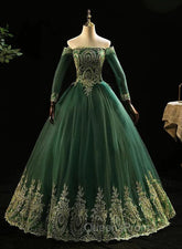 Dark Green Sleeves with Gold Lace Sweet 16 Dress, Dark Green Long Evening Dress