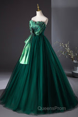 Dark Green Strapless Tulle Long Evening Prom Dress, Beautiful A-Line Formal Evening Dress
