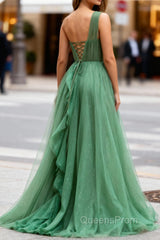 Dark Green Tulle A-Line One-Shoulder Long Evening Prom Dress
