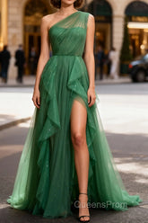 Dark Green Tulle A-Line One-Shoulder Long Evening Prom Dress
