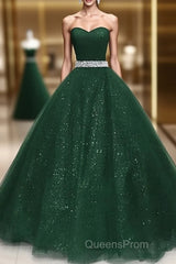 Dark Green Tulle Beaded Long Party Dress, Green Ball Gown Evening Gown