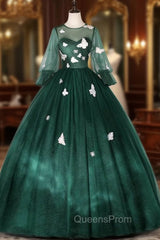 Dark Green Tulle Butterfly Appliques Bell Sleeve Quinceanera Dress