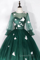 Dark Green Tulle Long Evening Prom Dress, A-Line Long Sleeve Evening Party Dress With Butterfly Appliques