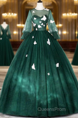 Dark Green Tulle Long Evening Prom Dress, A-Line Long Sleeve Evening Party Dress With Butterfly Appliques