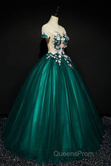 Dark Green Tulle Round Neckline Ball Gown Formal Dress, Quinceanera Dress