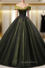 Dark Green Tulle Sequins Off the Shoulder Appliques Quinceanera Dress