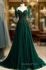 Dark Green Tulle Spaghetti Straps Beading Evening Prom Dress