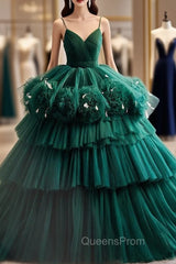 Dark Green Tulle Spaghetti Straps Tiers Quinceanera Dress