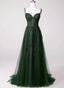 Dark Green Tulle With Lace Beaded Straps Classy Prom Dress, Green Long Classy Dress Party Dress