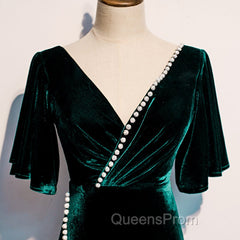 Dark Green Velvet Mermaid Slit V-neckline Evening Dress Party Dress, Long Evening Dress