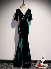 Dark Green Velvet Mermaid Slit V-neckline Evening Dress Party Dress, Long Evening Dress