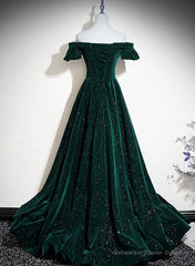 Dark Green Velvet Off Shoulder Long Party Dress, Green A-line Prom Dress