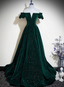Dark Green Velvet Off Shoulder Long Party Dress, Green A-Line Classy Prom Dress