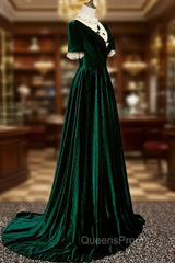 Dark Green Velvet Short Sleeves A-line Bridesmaid Dress, A-line Wedding Party Dress Evening Prom Dress