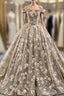 Dark Khaki Ball Gown Tulle Embroidery Appliques Off the Shoulder Evening Prom Dress