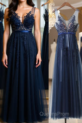 Dark Navy Blue Lace Evening Prom Dress, Dark Navy Blue Lace Formal Bridesmaid Dress