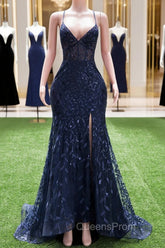 Dark Navy Blue Evening Prom Dress Long Sequins Mermaid Women Tulle Evening Dress Spaghetti Straps