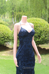 Dark Navy Blue Evening Prom Dress Sequins Mermaid Tulle Long Evening Dress Spaghetti Straps