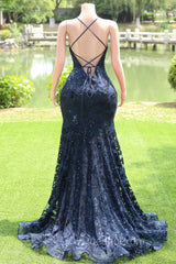 Dark Navy Blue Evening Prom Dress Sequins Mermaid Tulle Long Evening Dress Spaghetti Straps