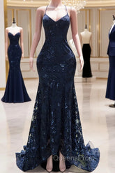 Dark Navy Blue Evening Prom Dress Sequins Mermaid Tulle Long Evening Dress Spaghetti Straps