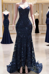 Dark Navy Blue Evening Prom Dress Sequins Mermaid Tulle Long Evening Dress Spaghetti Straps