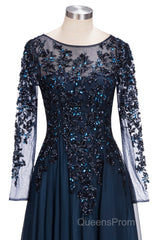 Dark Navy Long A-line Jewel Tulle Formal Evening Dress with Sleeves