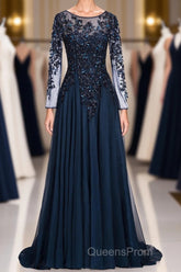 Dark Navy Long A-line Jewel Tulle Formal Evening Dress with Sleeves