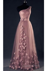 Dark Pink One Shoulder Flowers Tulle Bridesmaid Dress, A-Line Pink Evening Prom Dress