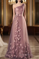 Dark Pink One Shoulder Flowers Tulle Bridesmaid Dress, A-Line Pink Evening Prom Dress