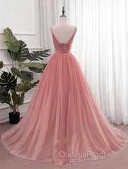 Dark Pink Sequins V-neckline Straps Long Evening Dress, Tulle Pink Evening Prom Dress