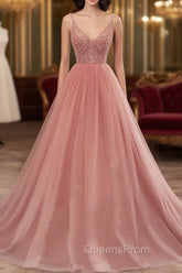 Dark Pink Sequins V-neckline Straps Long Evening Dress, Tulle Pink Evening Prom Dress