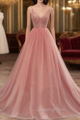 Dark Pink Sequins V-neckline Straps Long Evening Dress, Tulle Pink Evening Prom Dress