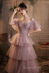 Dark Pink Shiny Tulle Short Sleeves Party Dress, Beaded Pink Tulle Evening Prom Dress