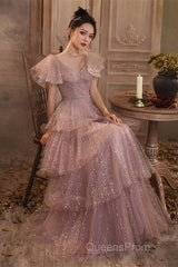 Dark Pink Shiny Tulle Short Sleeves Party Dress, Beaded Pink Tulle Evening Prom Dress