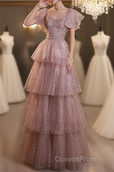 Dark Pink Shiny Tulle Short Sleeves Party Dress, Beaded Pink Tulle Evening Prom Dress